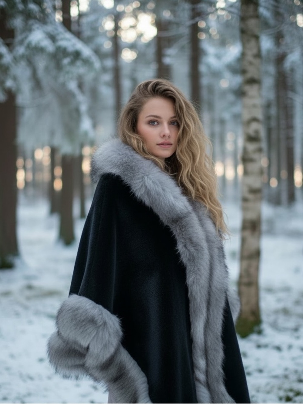 Beautiful Black and Gray Faux Fur-Trimmed Shrug.